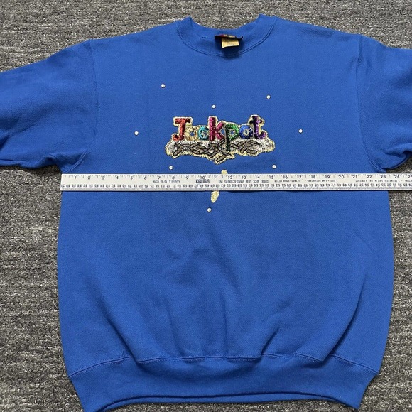 Vintage Jostens Sportswear Jackpot Sweatshirt Large Blue Sequins Casino USA 90s - Picture 10 of 12